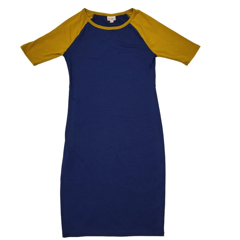 LuLaRoe Simply Comfortable Julia Shirt Dress Baseball Women's Small Blue Gold
